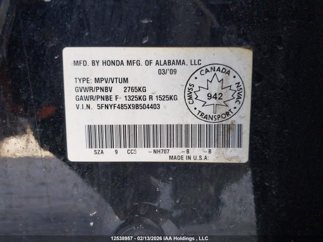 2009 Honda Pilot მანქანა იყიდება აუქციონზე, vin: 5FNYF485X9B504403, აუქციონის ნომერი: 12538957