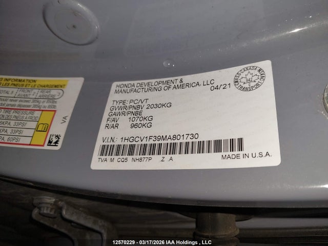 Продаж на аукціоні авто 2021 Honda Accord Sport, vin: 1HGCV1F39MA801730, номер лоту: 12570229