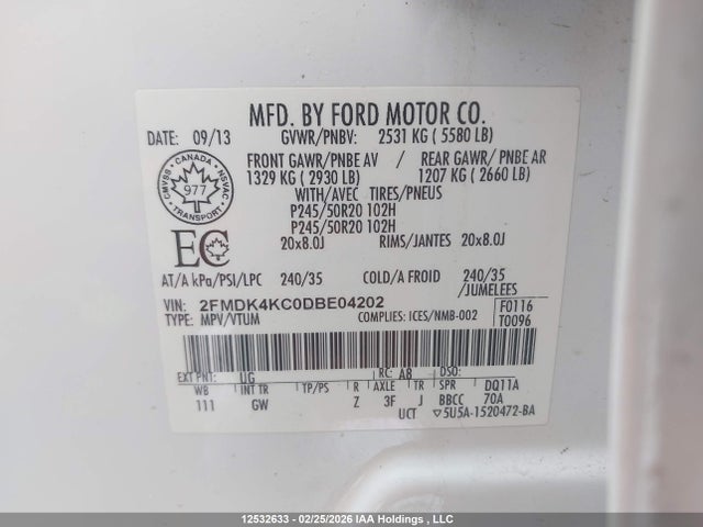 Aukcja sprzedaży 2013 Ford Edge, vin: 2FMDK4KC0DBE04202, numer aukcji: 12532633