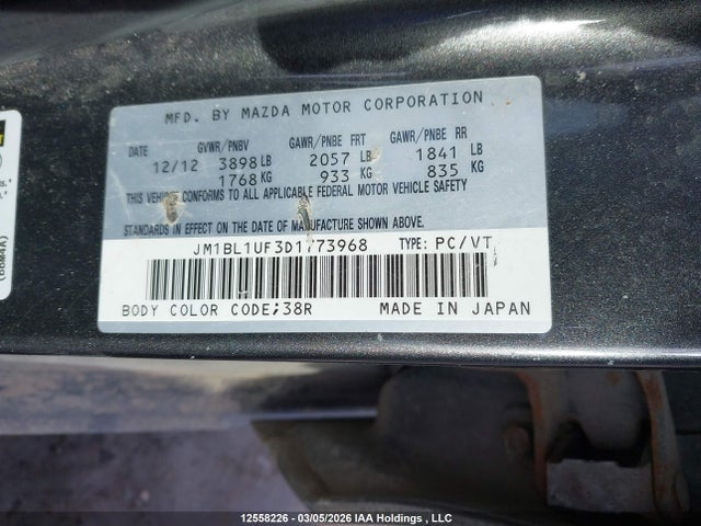 12558226 :رقم المزاد ، JM1BL1UF3D1773968 vin ، 2013 Mazda Mazda3 Gx مزاد بيع