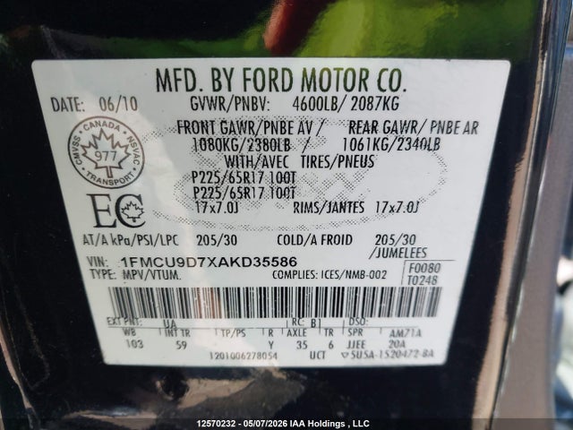 Продажа на аукционе авто 2010 Ford Escape Xlt, vin: 1FMCU9D7XAKD35586, номер лота: 12570232