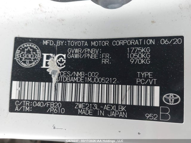 12570237 :رقم المزاد ، JTDBAMDE1MJ005212 vin ، 2021 Toyota Corolla Hybrid Base W/li Battery مزاد بيع