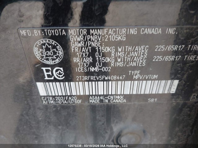 Aukcja sprzedaży 2015 Toyota Rav4 Xle, vin: 2T3RFREV5FW408447, numer aukcji: 12570238