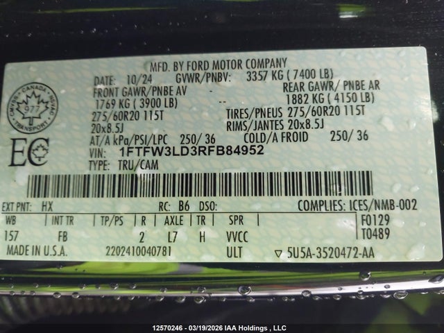 Продажа на аукционе авто 2024 Ford F150 Xlt, vin: 1FTFW3LD3RFB84952, номер лота: 12570246