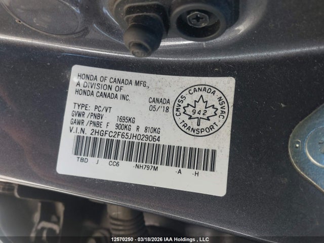 2018 Honda Civic მანქანა იყიდება აუქციონზე, vin: 2HGFC2F65JH029064, აუქციონის ნომერი: 12570250