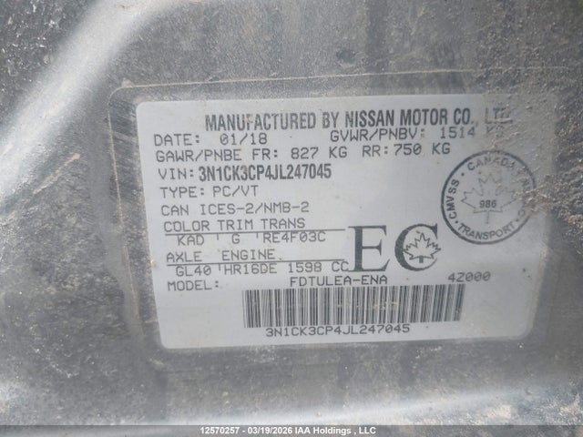 3N1CK3CP4JL247045 Nissan Micra S/sr/sv