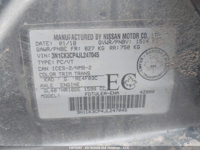 3N1CK3CP4JL247045 Nissan Micra S/sr/sv