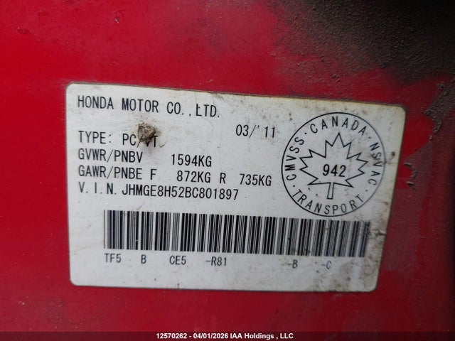 Продаж на аукціоні авто 2011 Honda Fit Sport, vin: JHMGE8H52BC801897, номер лоту: 12570262