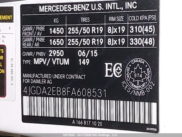 12570263 :رقم المزاد ، 4JGDA2EB8FA608531 vin ، 2015 Mercedes-benz Ml 350 Bluetec مزاد بيع