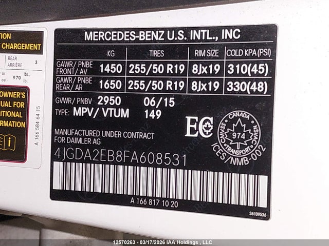 12570263 :رقم المزاد ، 4JGDA2EB8FA608531 vin ، 2015 Mercedes-benz Ml 350 Bluetec مزاد بيع