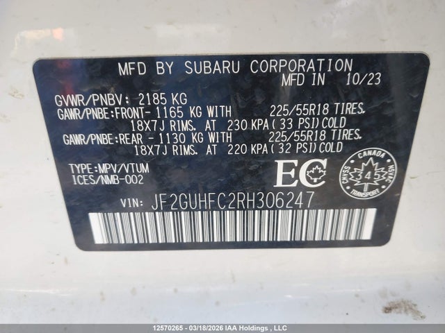 Продаж на аукціоні авто 2024 Subaru Crosstrek Sport, vin: JF2GUHFC2RH306247, номер лоту: 12570265