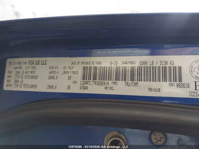 Продаж на аукціоні авто 2019 Ram 1500 Classic Slt, vin: 1C6RR7LT7KS692414, номер лоту: 12570268