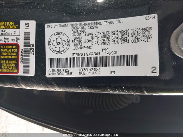 12570270 :رقم المزاد ، 5TFUY5F17EX372019 vin ، 2014 Toyota Tundra Sr 5.7l V8 مزاد بيع