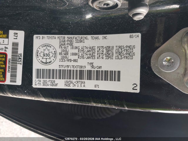 12570270 :رقم المزاد ، 5TFUY5F17EX372019 vin ، 2014 Toyota Tundra Sr 5.7l V8 مزاد بيع