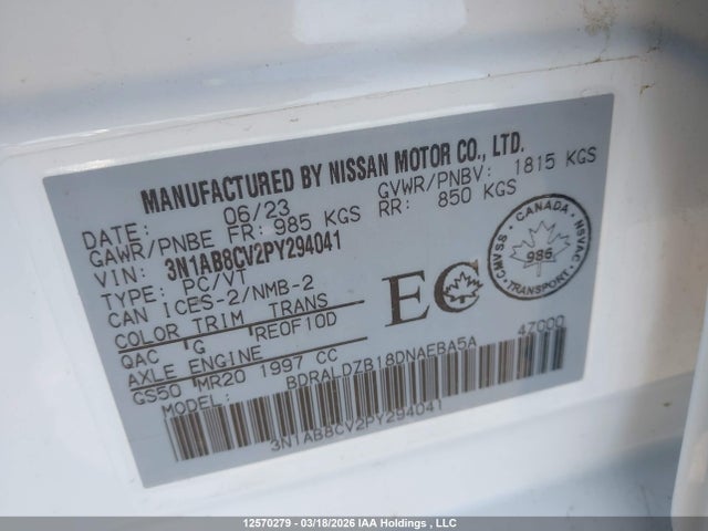12570279 :رقم المزاد ، 3N1AB8CV2PY294041 vin ، 2023 Nissan Sentra Sv مزاد بيع