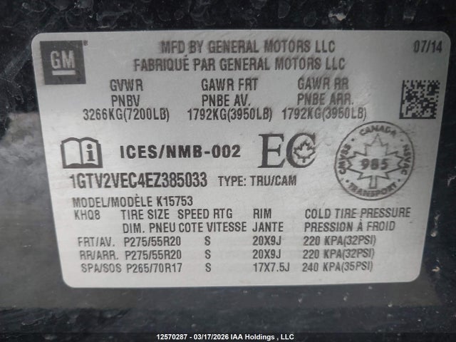 Aukcja sprzedaży 2014 Gmc Sierra K1500 Slt, vin: 1GTV2VEC4EZ385033, numer aukcji: 12570287
