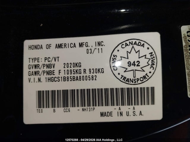 Aukcja sprzedaży 2011 Honda Accord Ex-l, vin: 1HGCS1B85BA800582, numer aukcji: 12570288