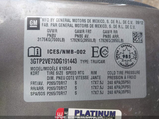 12570289 :رقم المزاد ، 3GTP2VE73DG191443 vin ، 2013 Gmc Sierra 1500 Sle مزاد بيع