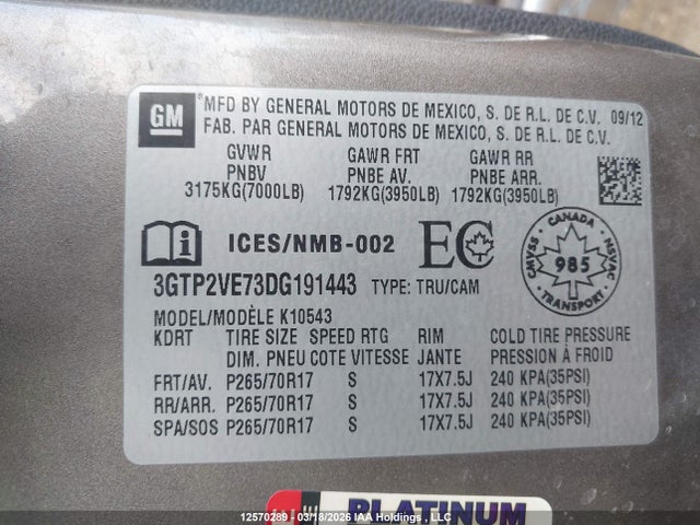 12570289 :رقم المزاد ، 3GTP2VE73DG191443 vin ، 2013 Gmc Sierra 1500 Sle مزاد بيع