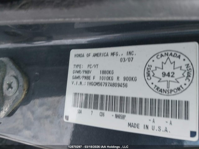 12570297 :رقم المزاد ، 1HGCM56797A809456 vin ، 2007 Honda Accord Ex-l/se مزاد بيع