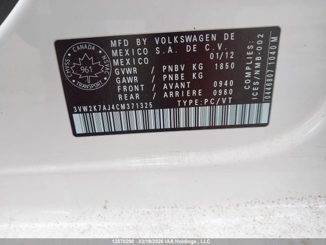 Aukcja sprzedaży 2012 Volkswagen Jetta 2.0l Trendline/2.0l Trendline+, vin: 3VW2K7AJ4CM371325, numer aukcji: 12570298
