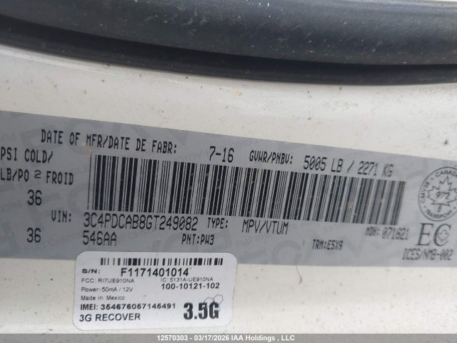 Aukcja sprzedaży 2016 Dodge Journey Cvp/se Plus, vin: 3C4PDCAB8GT249082, numer aukcji: 12570303