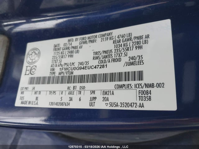 1FMCU0G94EUC47281 Ford ESCAPE SE