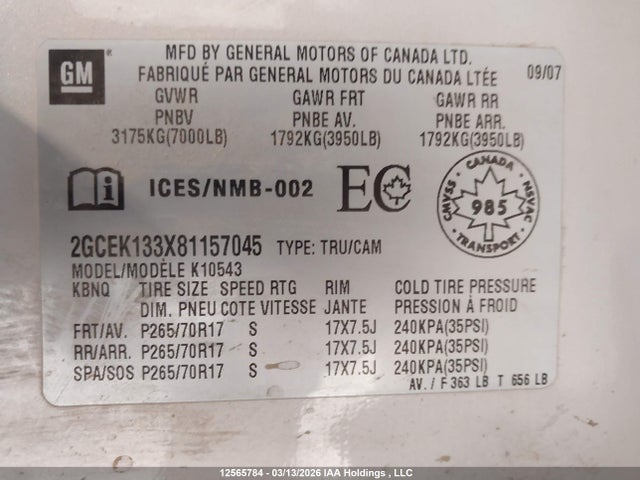Продаж на аукціоні авто 2008 Chevrolet Silverado 1500 Lt/ltz/wt, vin: 2GCEK133X81157045, номер лоту: 12565784