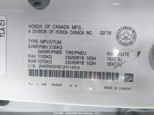 12557690 :رقم المزاد ، 2HKRW2H57JH114809 vin ، 2018 Honda Cr-v Ex مزاد بيع
