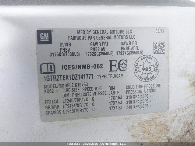 Aukcja sprzedaży 2013 Gmc Sierra 1500 Wt, vin: 1GTR2TEA1DZ141777, numer aukcji: 12552552