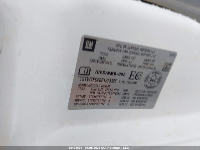 Aukcja sprzedaży 2015 Gmc Savana 2500 1wt, vin: 1GTW7FCF6F1273326, numer aukcji: 12494594