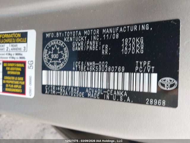 Aukcja sprzedaży 2009 Toyota Camry Le, vin: 4T1BE46K59U380769, numer aukcji: 12527575