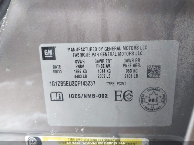 Продаж на аукціоні авто 2012 Chevrolet Malibu Ls, vin: 1G1ZB5EU3CF143237, номер лоту: 12476433