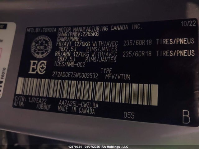 Aukcja sprzedaży 2022 Lexus Nx 250, vin: 2T2ADCEZ5NC002532, numer aukcji: 12570324