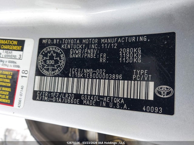 2013 Toyota Avalon Premium/touring/limited მანქანა იყიდება აუქციონზე, vin: 4T1BK1EB0DU003896, აუქციონის ნომერი: 12570336