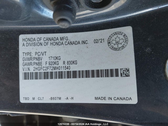 2021 Honda Civic Ex მანქანა იყიდება აუქციონზე, vin: 2HGFC2F72MH011540, აუქციონის ნომერი: 12570338
