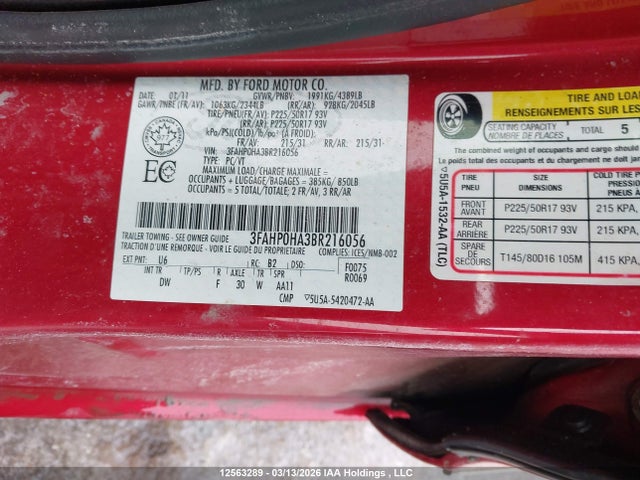 12563289 :رقم المزاد ، 3FAHP0HA3BR216056 vin ، 2011 Ford Fusion Se مزاد بيع