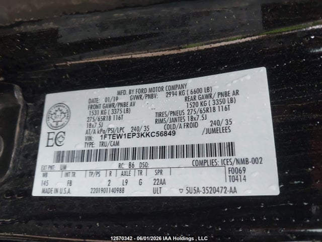 Auction sale of the 2019 Ford F-150 Xlt, vin: 1FTEW1EP3KKC56849, lot number: 12570342