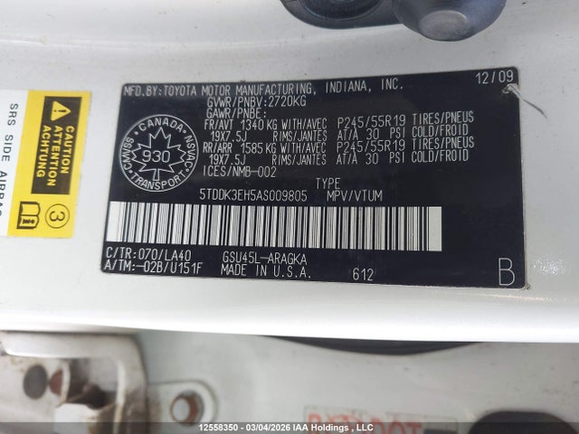 2010 Toyota Highlander V6 Limited მანქანა იყიდება აუქციონზე, vin: 5TDDK3EH5AS009805, აუქციონის ნომერი: 12558350