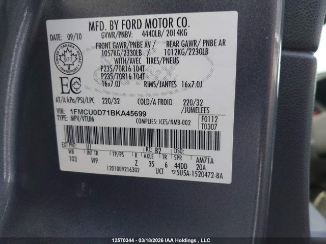 Aukcja sprzedaży 2011 Ford Escape Xlt, vin: 1FMCU0D71BKA45699, numer aukcji: 12570344