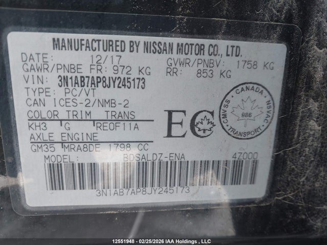 3N1AB7AP8JY245173 Nissan Sentra 1.8 S/1.8 Sv/1.8 Sv Midnight Edition