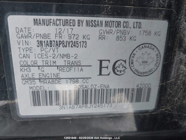3N1AB7AP8JY245173 Nissan Sentra 1.8 S/1.8 Sv/1.8 Sv Midnight Edition