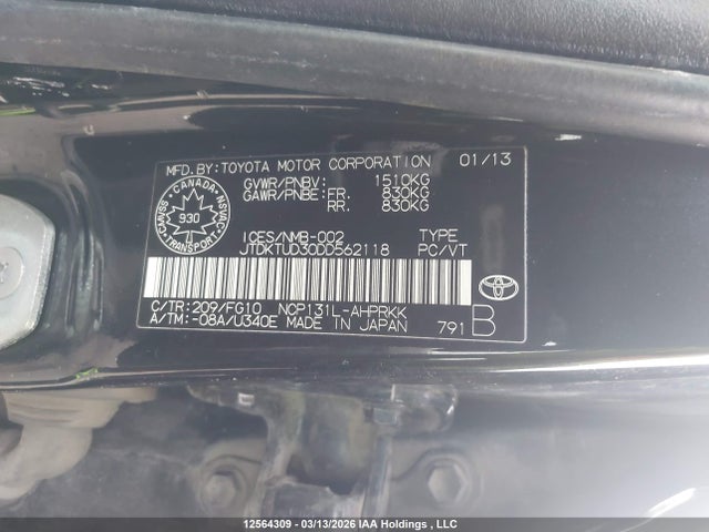 12564309 :رقم المزاد ، JTDKTUD30DD562118 vin ، 2013 Toyota Yaris Le مزاد بيع