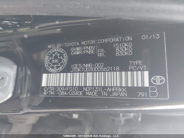 12564309 :رقم المزاد ، JTDKTUD30DD562118 vin ، 2013 Toyota Yaris Le مزاد بيع