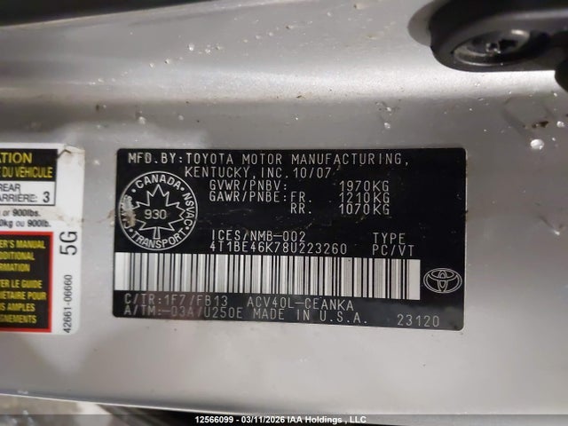 12566099 :رقم المزاد ، 4T1BE46K78U223260 vin ، 2008 Toyota Camry Le مزاد بيع