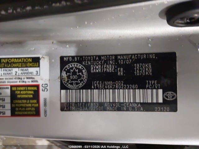 12566099 :رقم المزاد ، 4T1BE46K78U223260 vin ، 2008 Toyota Camry Le مزاد بيع