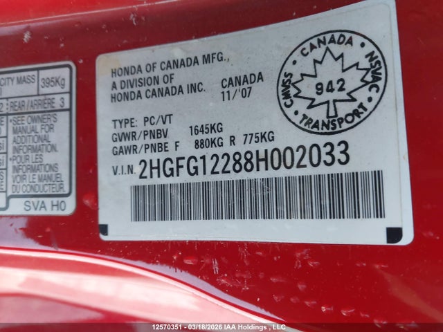 Продажа на аукционе авто 2008 Honda Civic Dx, vin: 2HGFG12288H002033, номер лота: 12570351