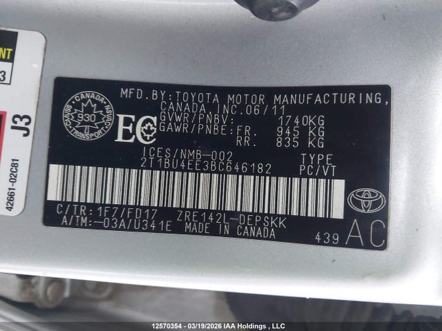 2011 Toyota Corolla S მანქანა იყიდება აუქციონზე, vin: 2T1BU4EE3BC646182, აუქციონის ნომერი: 12570354