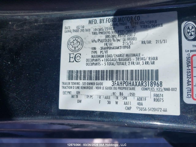 Aukcja sprzedaży 2010 Ford Fusion Se, vin: 3FAHP0HAXAR318968, numer aukcji: 12570364