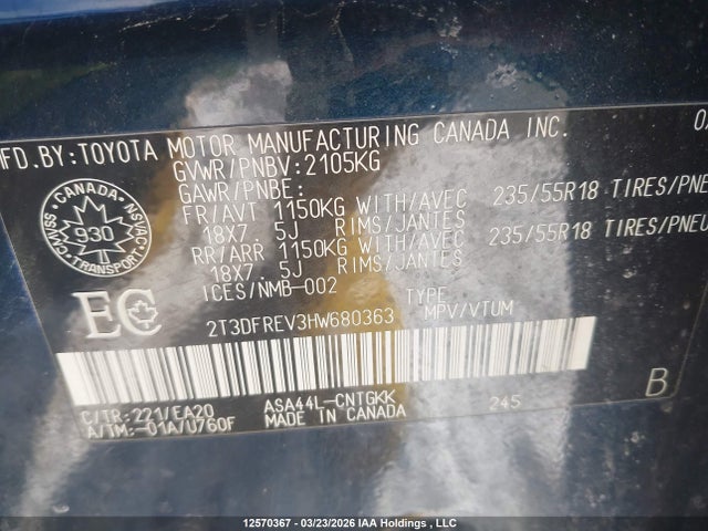 12570367 :رقم المزاد ، 2T3DFREV3HW680363 vin ، 2017 Toyota Rav4 Limited مزاد بيع